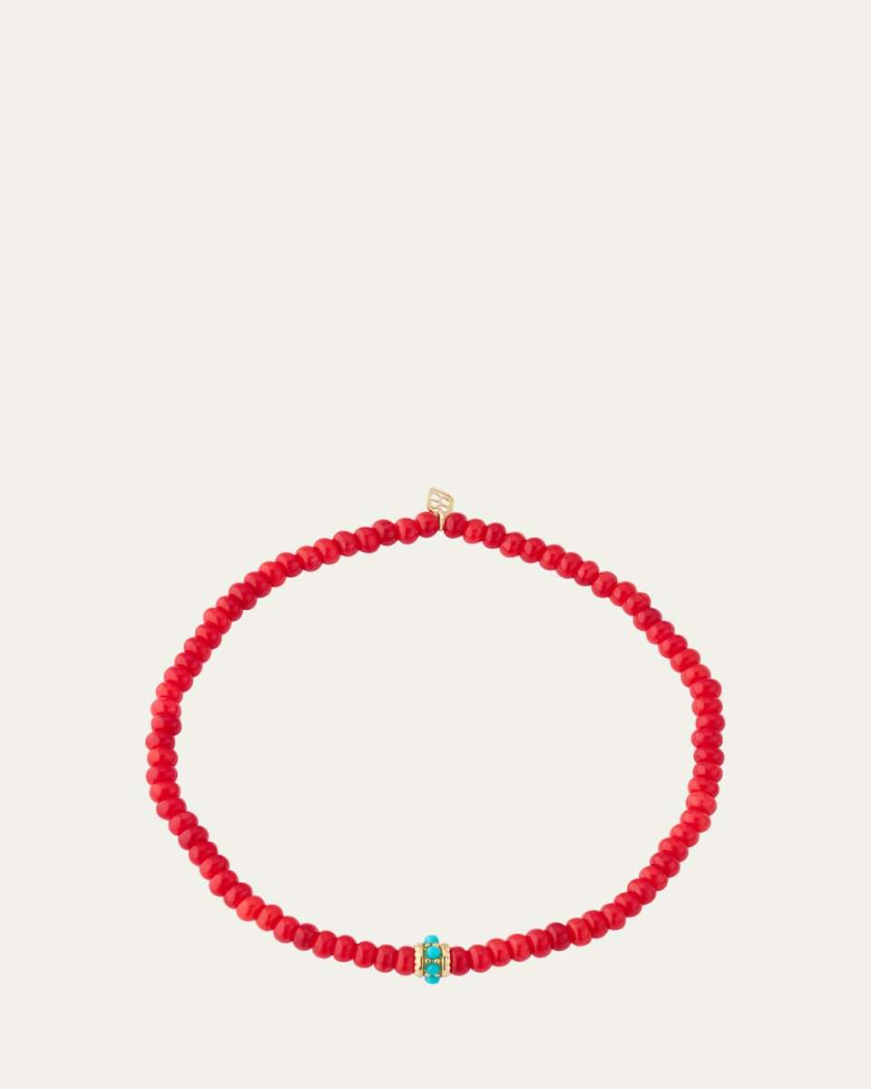 Gold and Turquoise Scallop Rondelle on Red Bamboo Coral Bracelet
